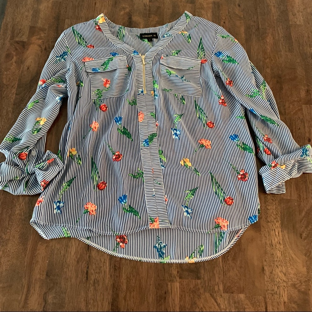 Stripped Shirt with Floral Print with Half Zip